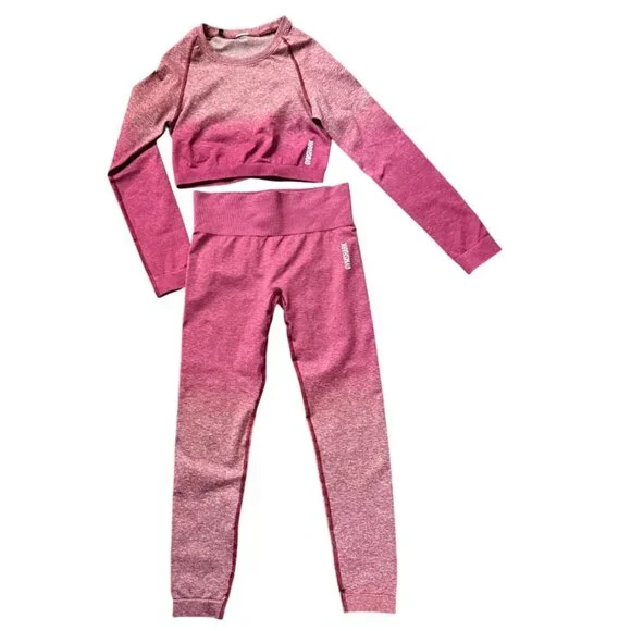 Gymshark Set Adapt Ombre Seamless Leggings & Long Sleeve Crop Top Burgundy Mediu - Picture 4 of 16